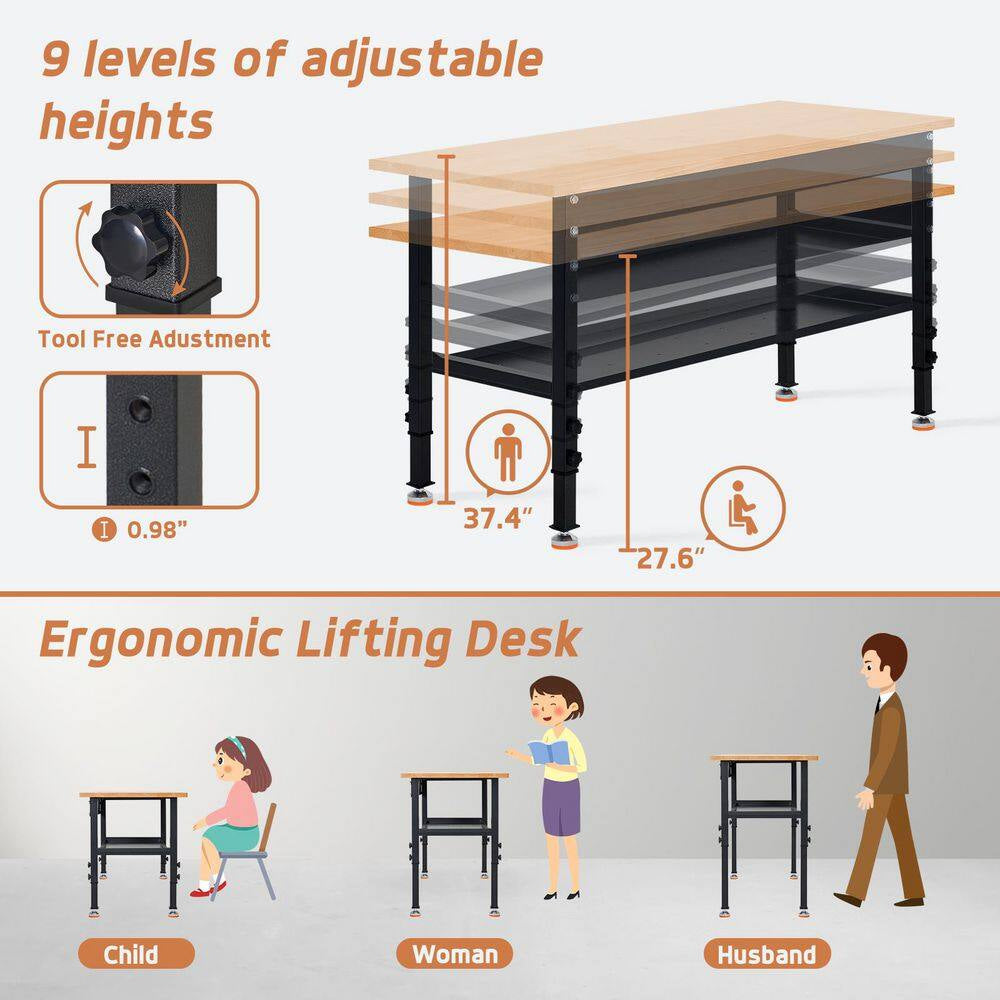 48 In. W X 24 In. D Heavy-Duty Work Bench Adjustable Work Bench Work Table, Solid Wood Top with Foot Pads and Partition