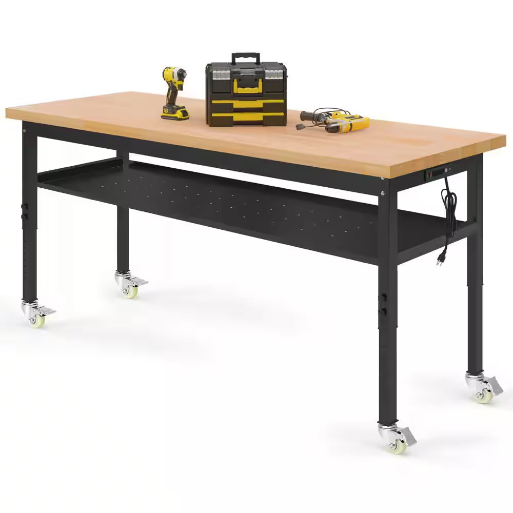 60 In. W X 24 In. D Heavy-Duty Work Bench Adjustable Work Table, Solid Wood Top with Wheels, Partition and Power Outlets