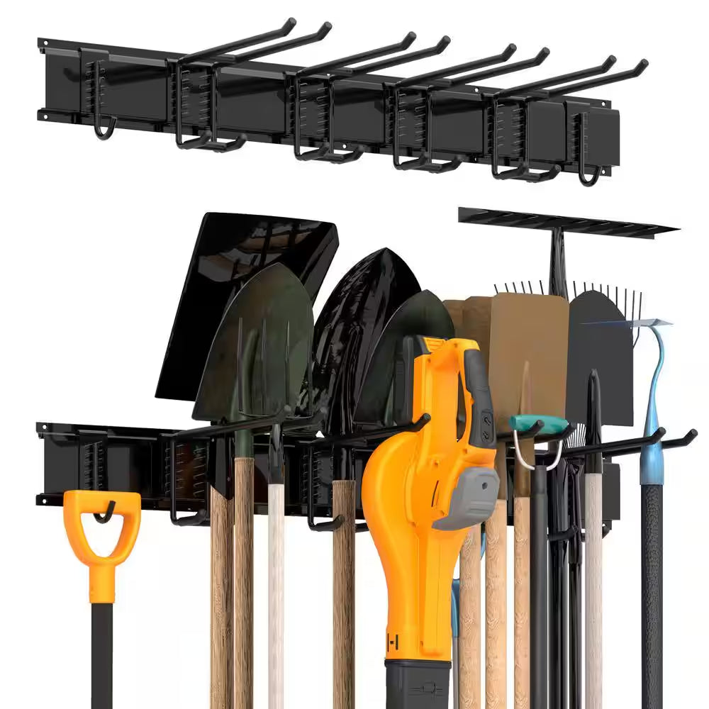 34 In. Garage Tool Storage Steel Rack, 300 Lbs. Load Capacity Wall Mounted Storage Organizer System with 6 Hooks