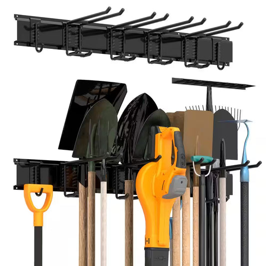 34 In. Garage Tool Storage Steel Rack, 300 Lbs. Load Capacity Wall Mounted Storage Organizer System with 6 Hooks