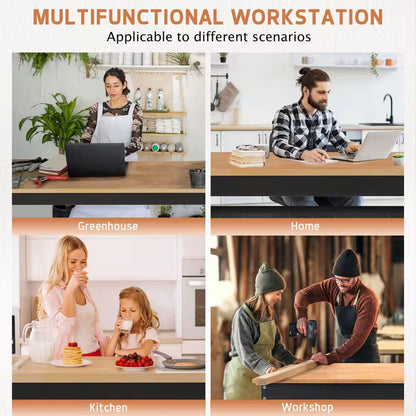 60 In. W X 24 In. D Heavy-Duty Work Bench Adjustable Work Table, Solid Wood Top with Wheels, Partition and Power Outlets