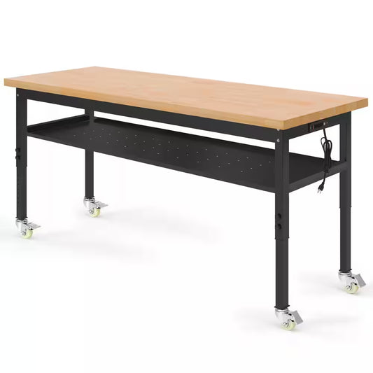 60 In. W X 24 In. D Heavy-Duty Work Bench Adjustable Work Table, Solid Wood Top with Wheels, Partition and Power Outlets