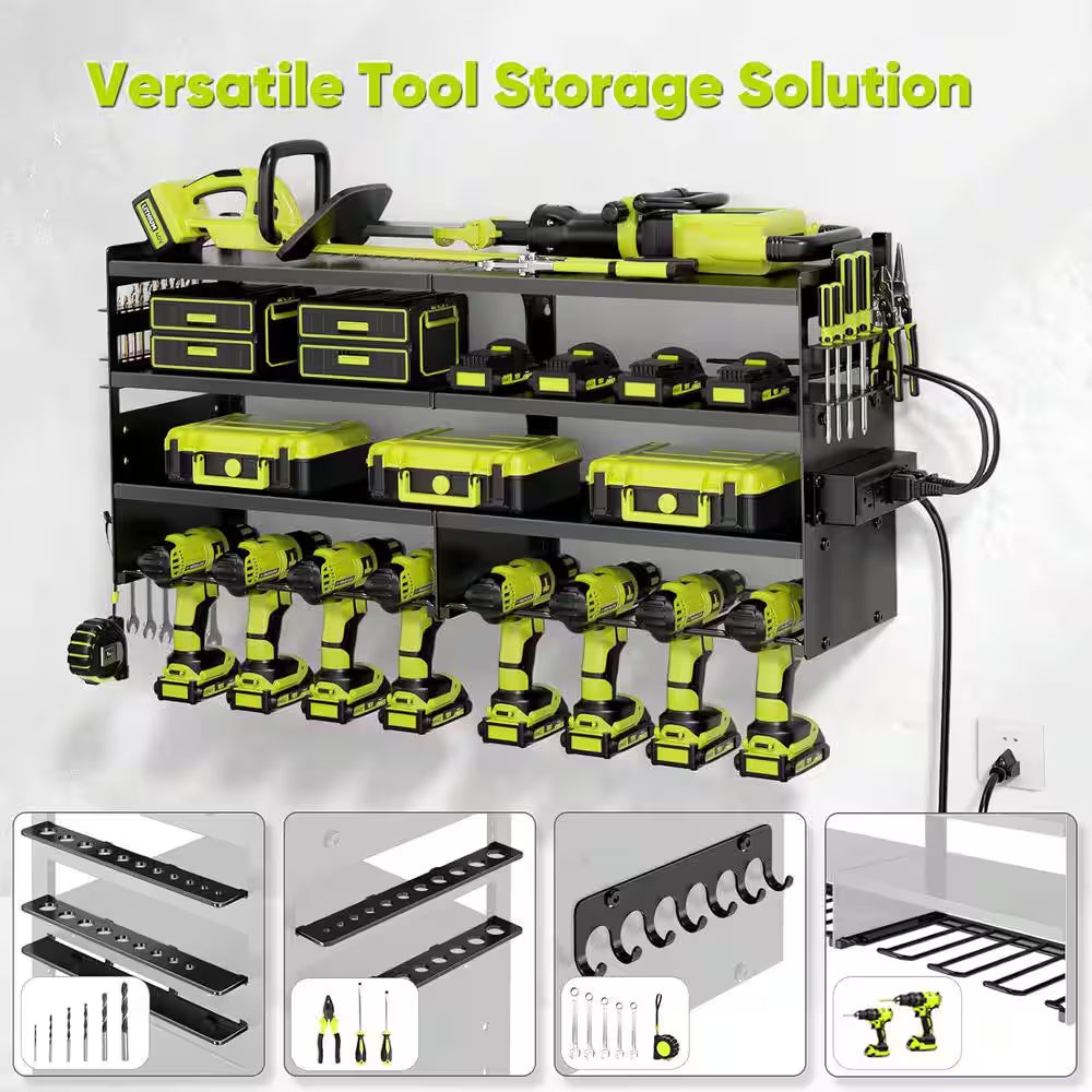 33 In. Black Power Tool Organizer Wall Rack with 4-Tiers, 8-Drill Slots, 4-Outlet Strip, Hook Rack and Storage Shelves
