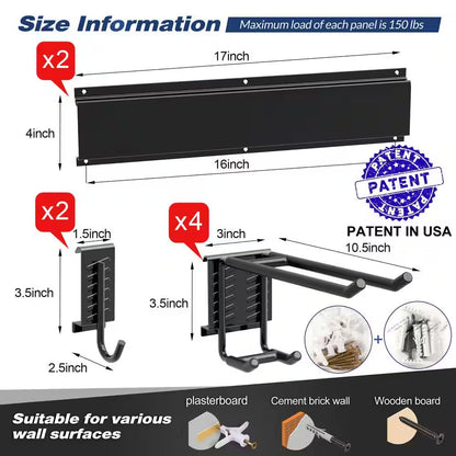34 In. Garage Tool Storage Steel Rack, 300 Lbs. Load Capacity Wall Mounted Storage Organizer System with 6 Hooks