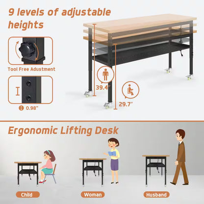 60 In. W X 24 In. D Heavy-Duty Work Bench Adjustable Work Table, Solid Wood Top with Wheels, Partition and Power Outlets