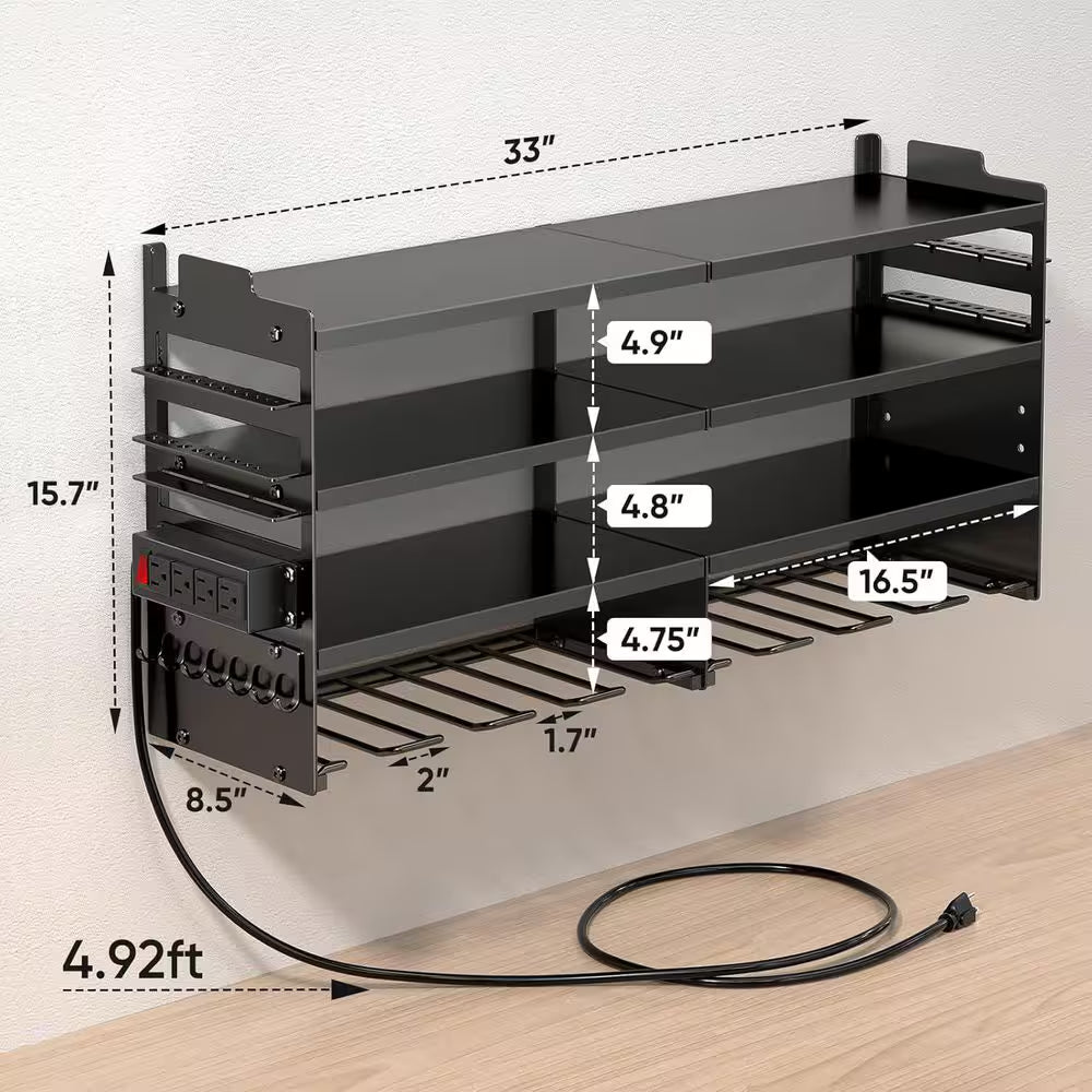 33 In. Black Power Tool Organizer Wall Rack with 4-Tiers, 8-Drill Slots, 4-Outlet Strip, Hook Rack and Storage Shelves