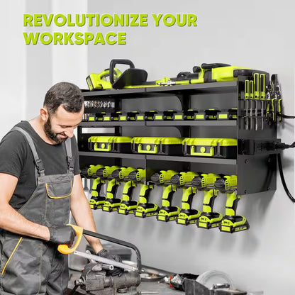 33 In. Black Power Tool Organizer Wall Rack with 4-Tiers, 8-Drill Slots, 4-Outlet Strip, Hook Rack and Storage Shelves