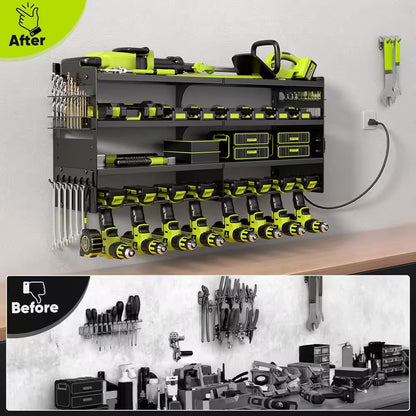 33 In. Black Power Tool Organizer Wall Rack with 4-Tiers, 8-Drill Slots, 4-Outlet Strip, Hook Rack and Storage Shelves